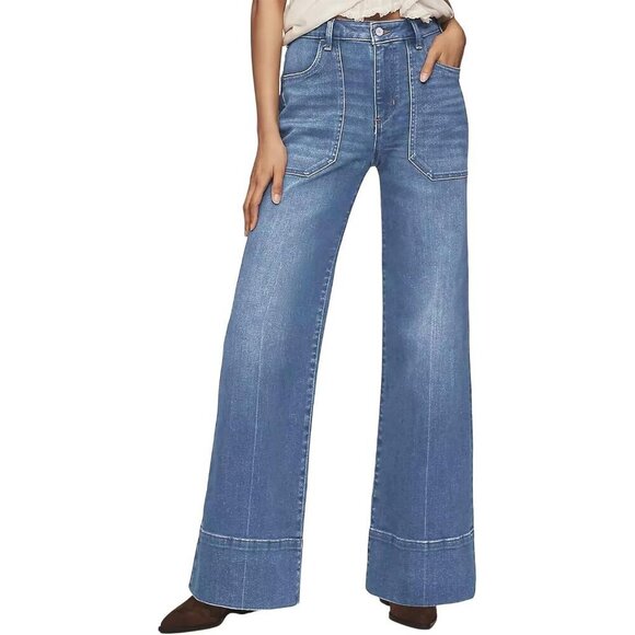 Denim - Women's High Waisted Wide Leg Jeans Cotton Blend Flare Fall Casual Utility